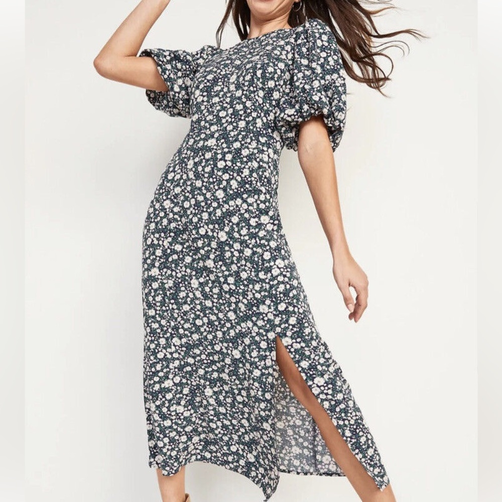 Old Navy Puff-Sleeved Floral-Print Midi Poet Swing Dress